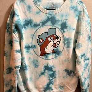 Buc-ee's Tie Dye Graphic Print Sweatshirt XL Blue White Crew Neck Long Sleeve